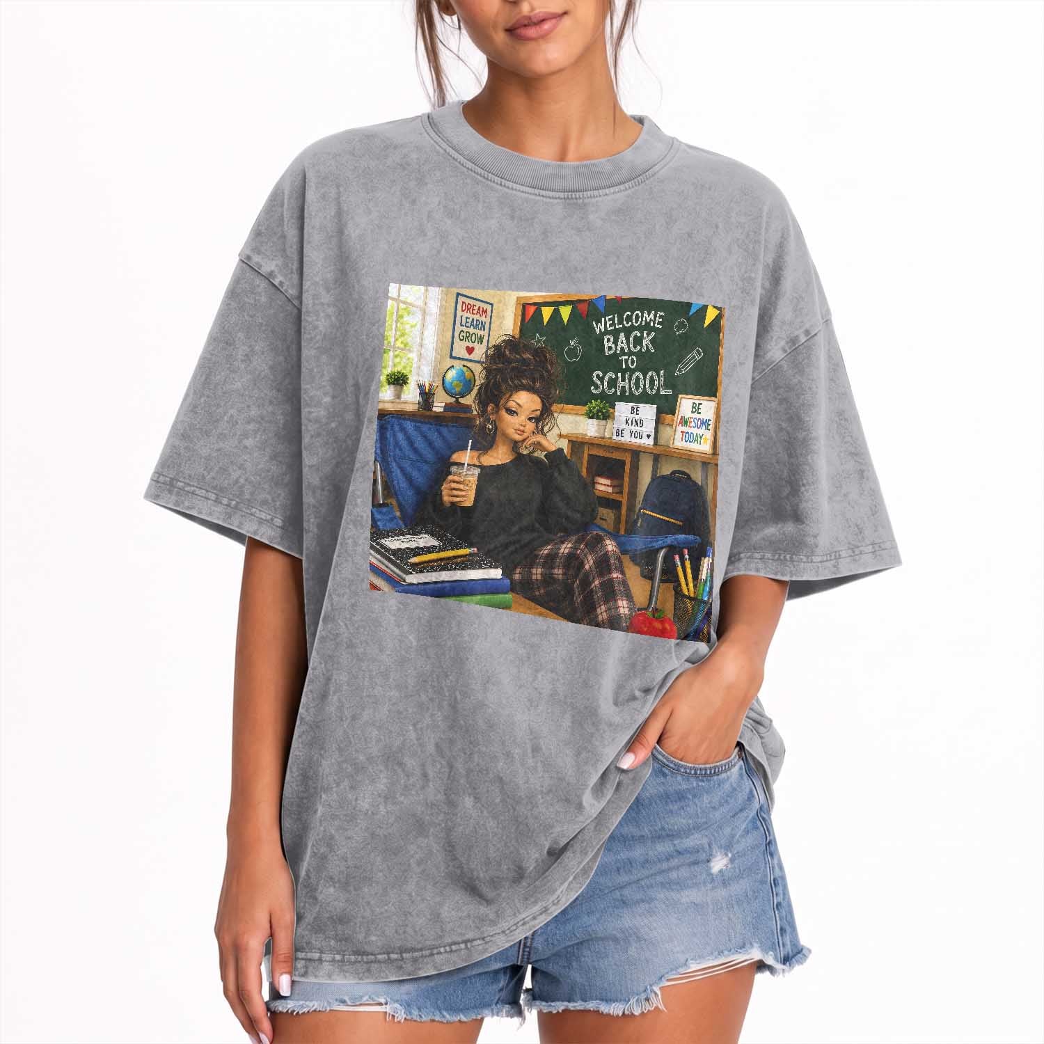 Funny Back To School Doll Face Meme Washed Cotton T-Shirt Coffee Teacher Gift