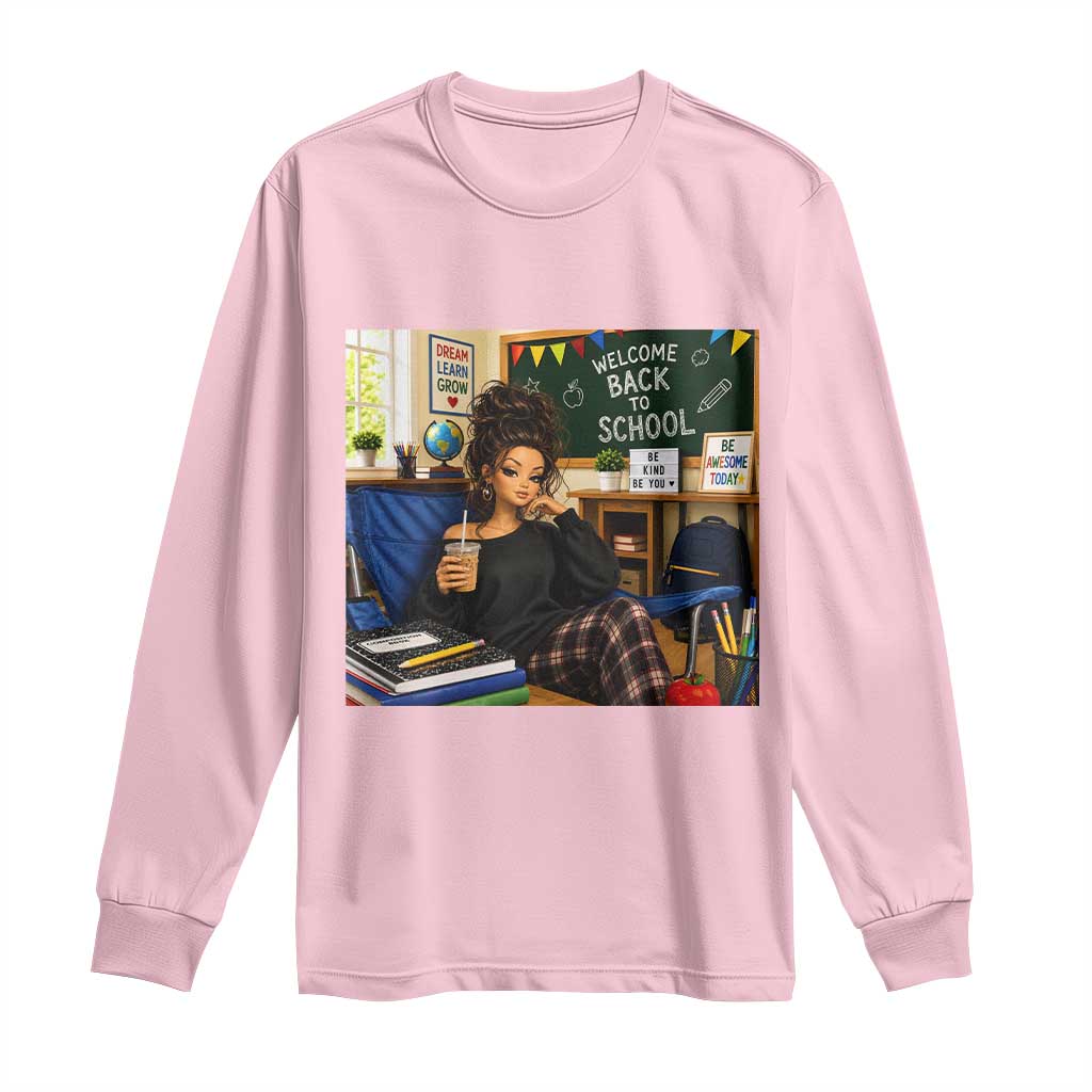 Funny Back To School Doll Face Meme Long Sleeve Shirt Coffee Teacher Gift TS12 Light Pink Print Your Wear