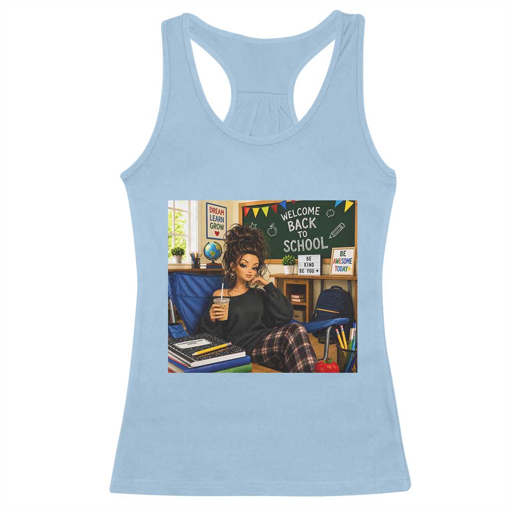 Funny Back To School Doll Face Meme Racerback Tank Top Coffee Teacher Gift TS12 Light Blue Print Your Wear