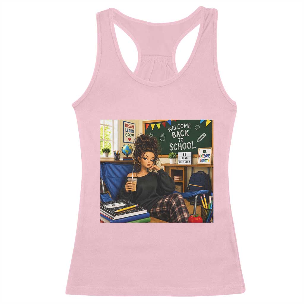 Funny Back To School Doll Face Meme Racerback Tank Top Coffee Teacher Gift TS12 Light Pink Print Your Wear