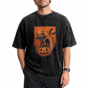 Spooky Halloween Black Cat Witch Washed Cotton T-Shirt Witchcraft Fantasy Gift
