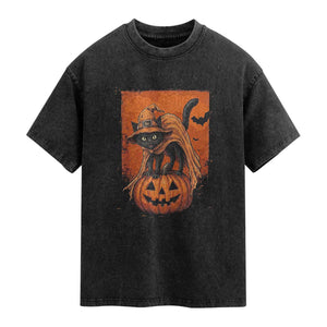 Spooky Halloween Black Cat Witch Washed Cotton T-Shirt Witchcraft Fantasy Gift