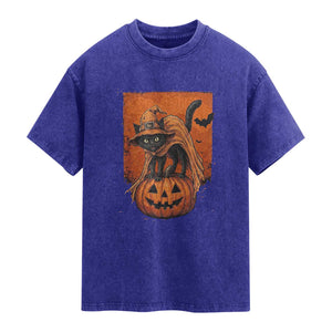 Spooky Halloween Black Cat Witch Washed Cotton T-Shirt Witchcraft Fantasy Gift