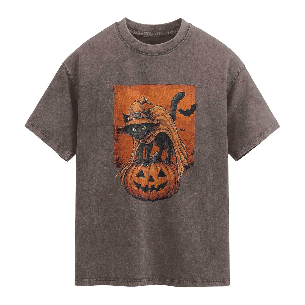 Spooky Halloween Black Cat Witch Washed Cotton T-Shirt Witchcraft Fantasy Gift