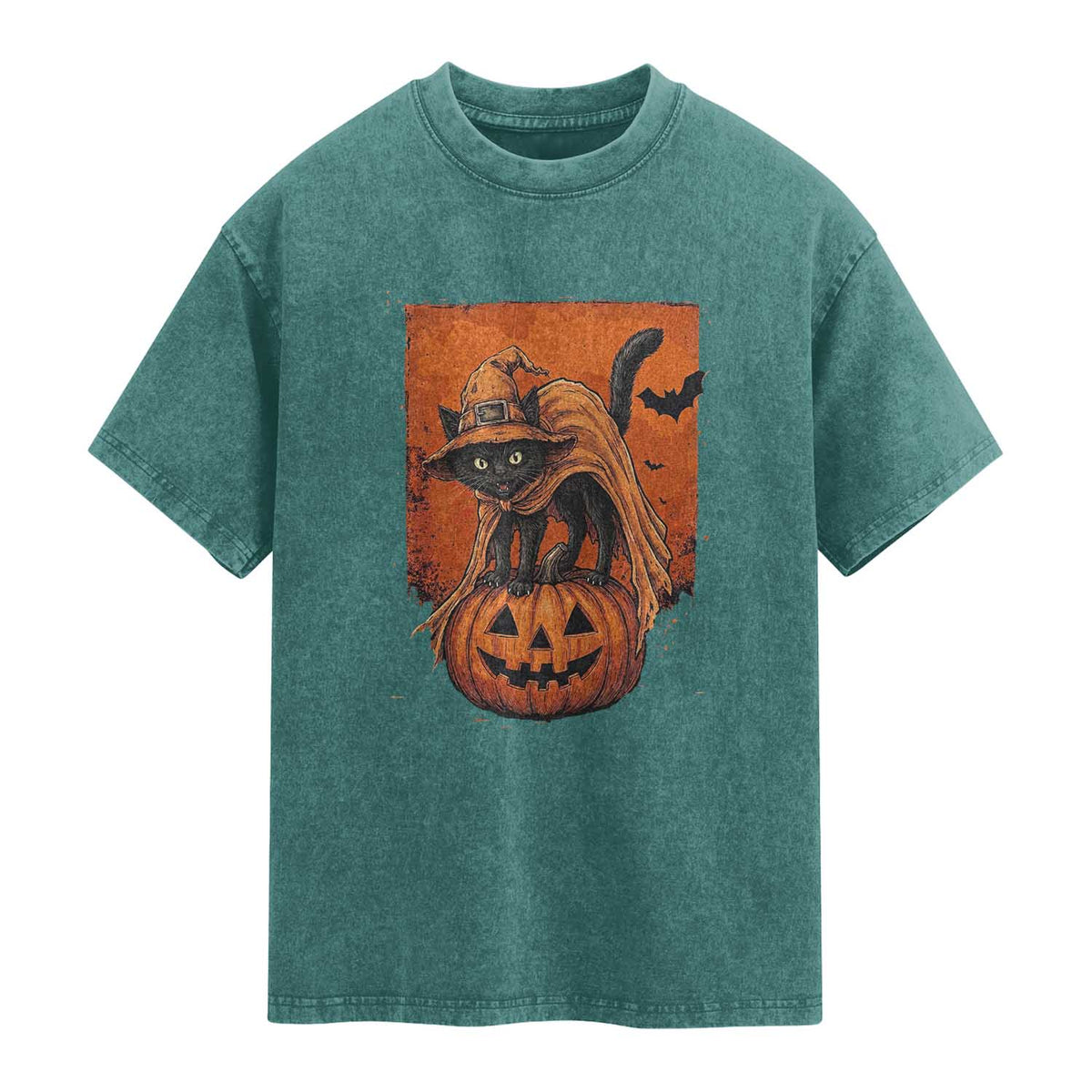 Spooky Halloween Black Cat Witch Washed Cotton T-Shirt Witchcraft Fantasy Gift