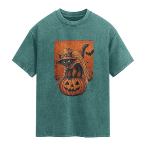Spooky Halloween Black Cat Witch Washed Cotton T-Shirt Witchcraft Fantasy Gift