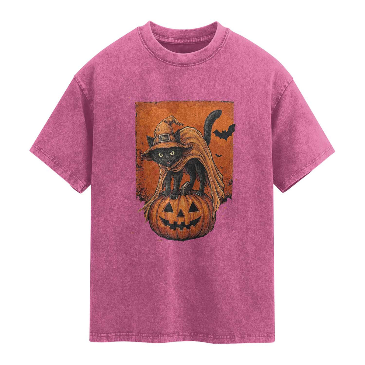 Spooky Halloween Black Cat Witch Washed Cotton T-Shirt Witchcraft Fantasy Gift