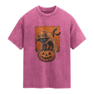Spooky Halloween Black Cat Witch Washed Cotton T-Shirt Witchcraft Fantasy Gift