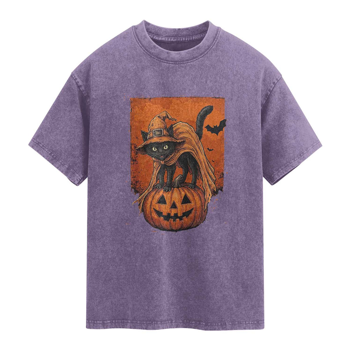 Spooky Halloween Black Cat Witch Washed Cotton T-Shirt Witchcraft Fantasy Gift