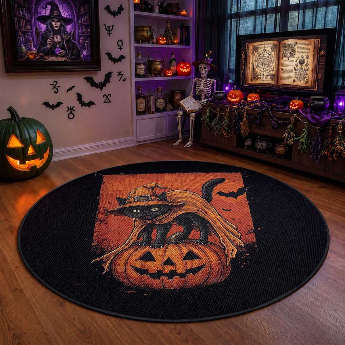 Spooky Halloween Black Cat Witch Round Rug Witchcraft Fantasy Gift