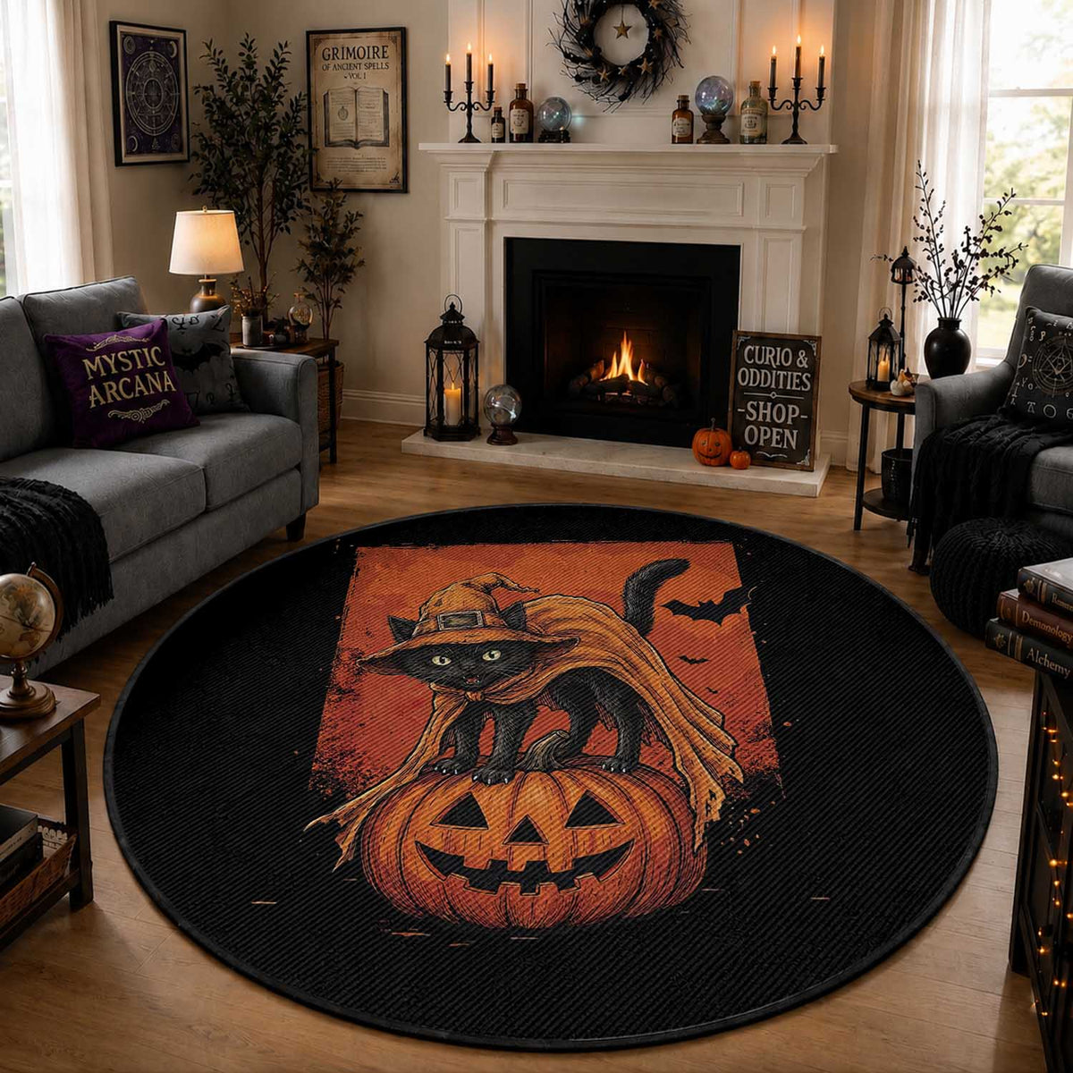 Spooky Halloween Black Cat Witch Round Rug Witchcraft Fantasy Gift