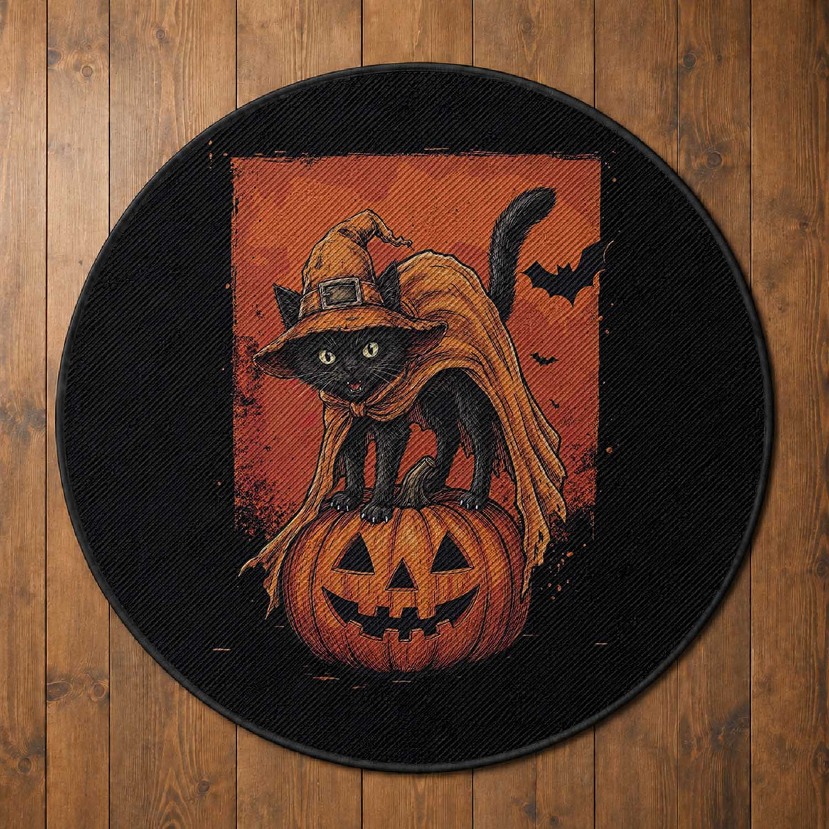 Spooky Halloween Black Cat Witch Round Rug Witchcraft Fantasy Gift