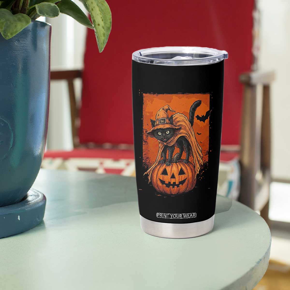 Spooky Halloween Black Cat Witch Tumbler Cup Witchcraft Fantasy Gift