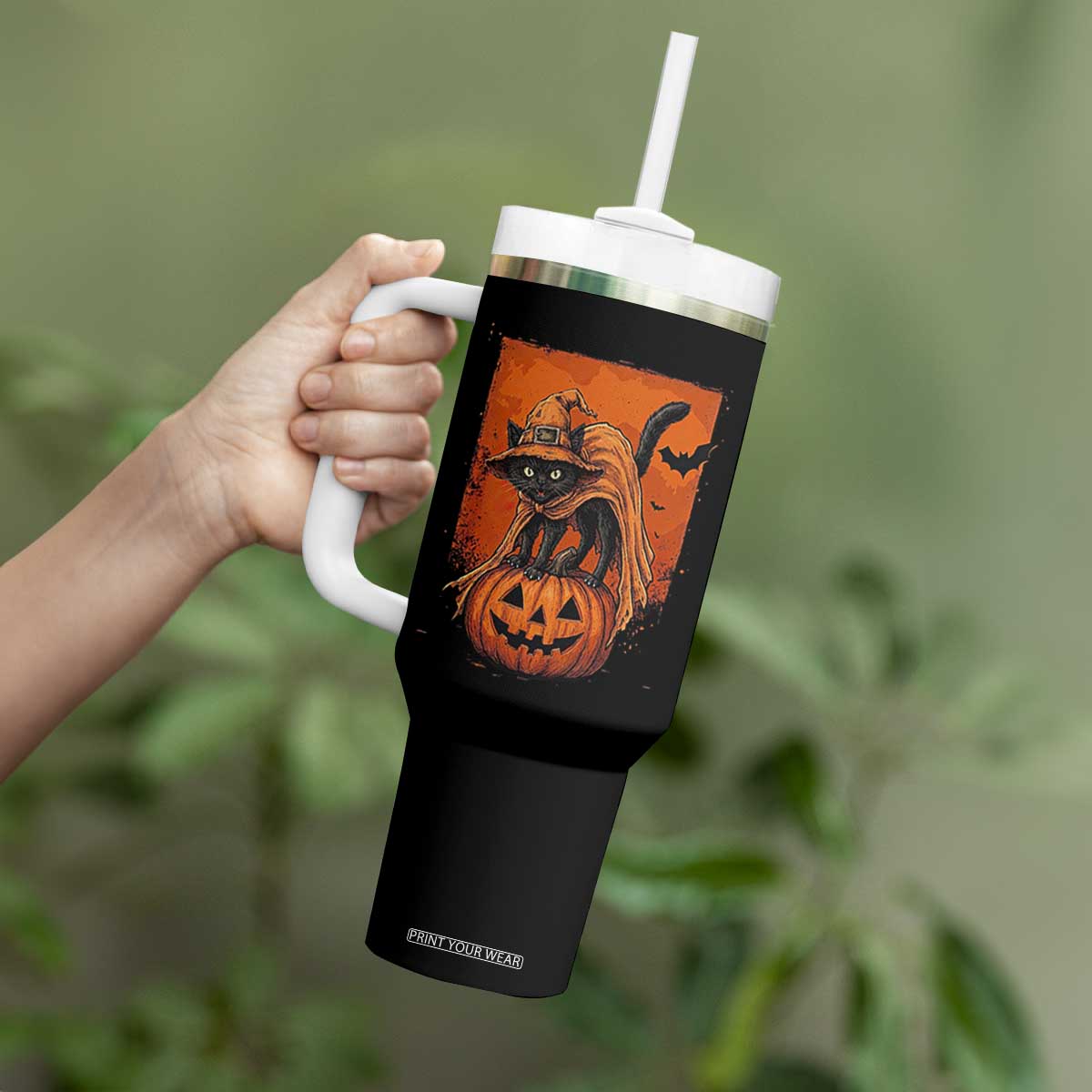 Spooky Halloween Black Cat Witch Tumbler With Handle Witchcraft Fantasy Gift