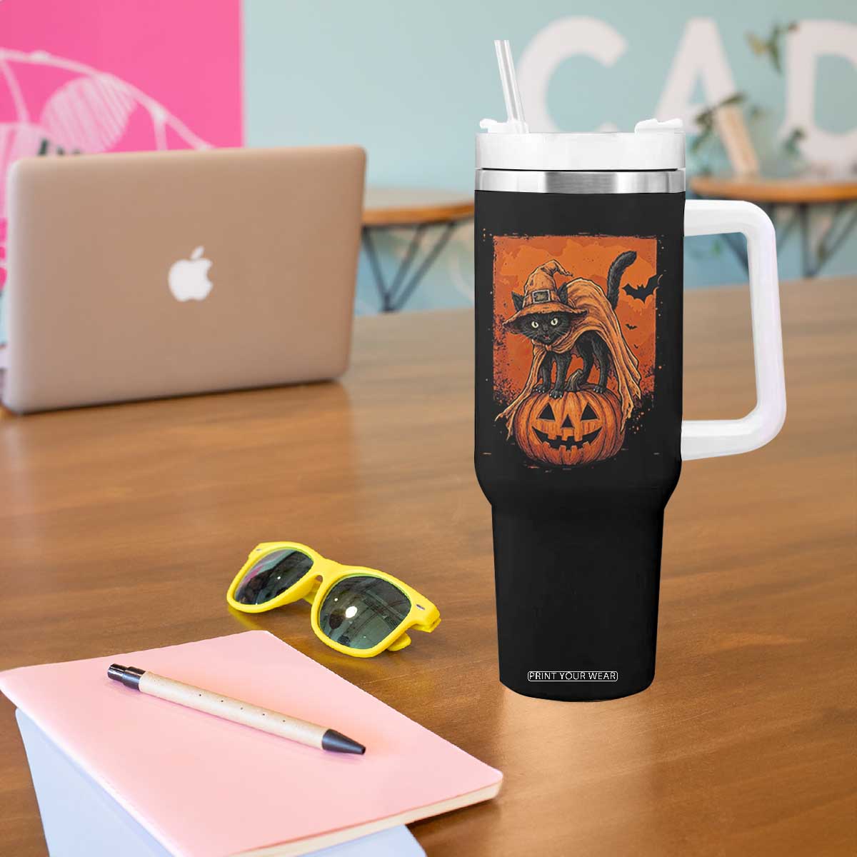 Spooky Halloween Black Cat Witch Tumbler With Handle Witchcraft Fantasy Gift