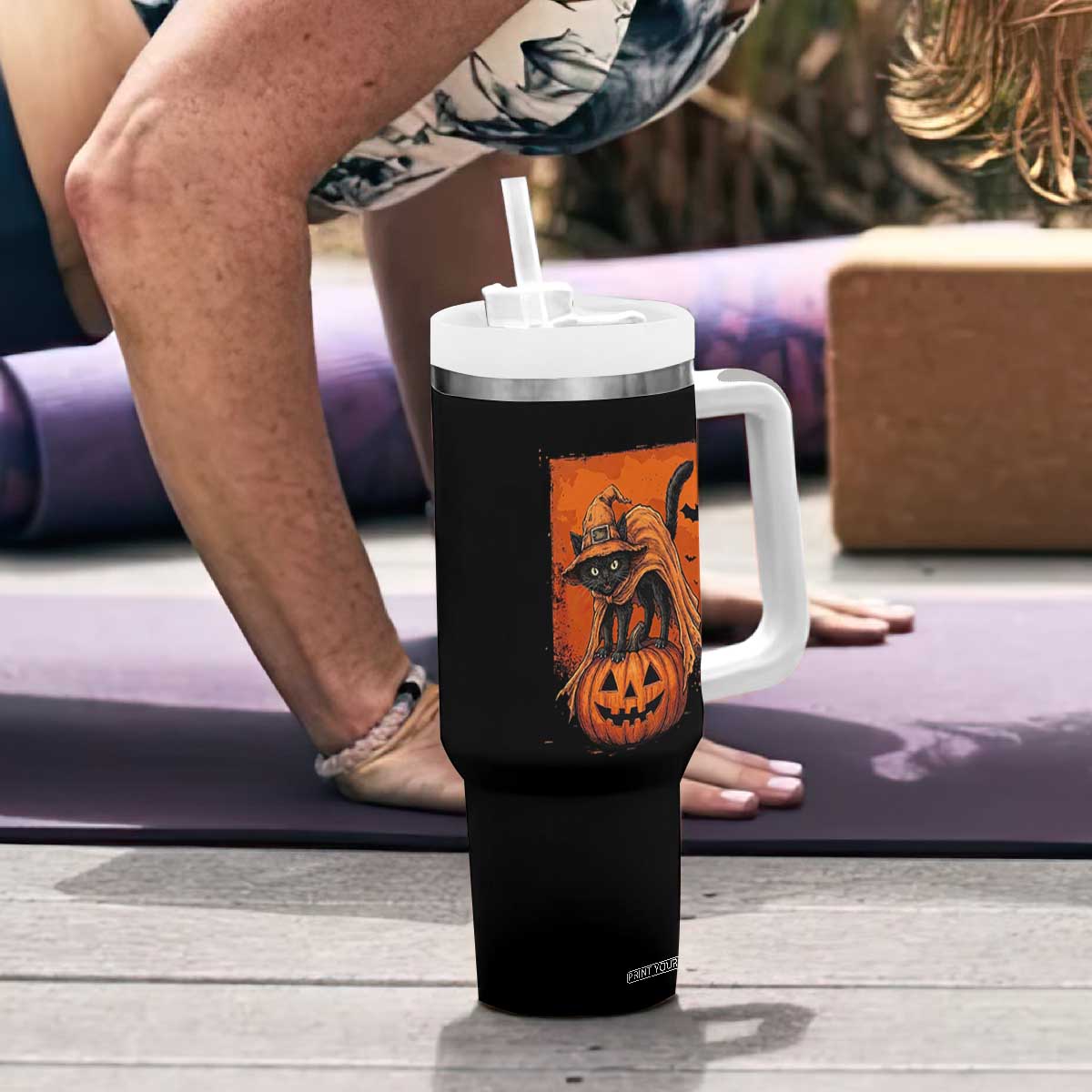 Spooky Halloween Black Cat Witch Tumbler With Handle Witchcraft Fantasy Gift