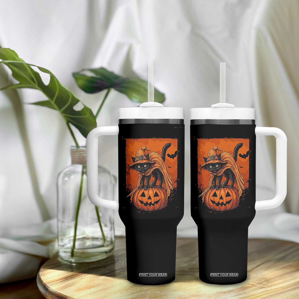 Spooky Halloween Black Cat Witch Tumbler With Handle Witchcraft Fantasy Gift
