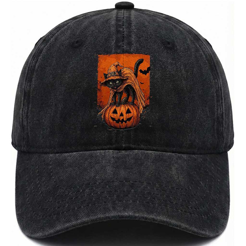 Spooky Halloween Black Cat Witch Washed Cotton Baseball Cap Witchcraft Fantasy Gift