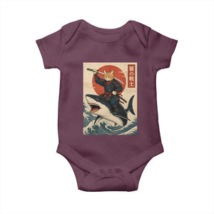 Funny Samurai Cat Riding Shark Baby Onesie Vintage Japanese Ukiyoe TS12 Maroon Print Your Wear