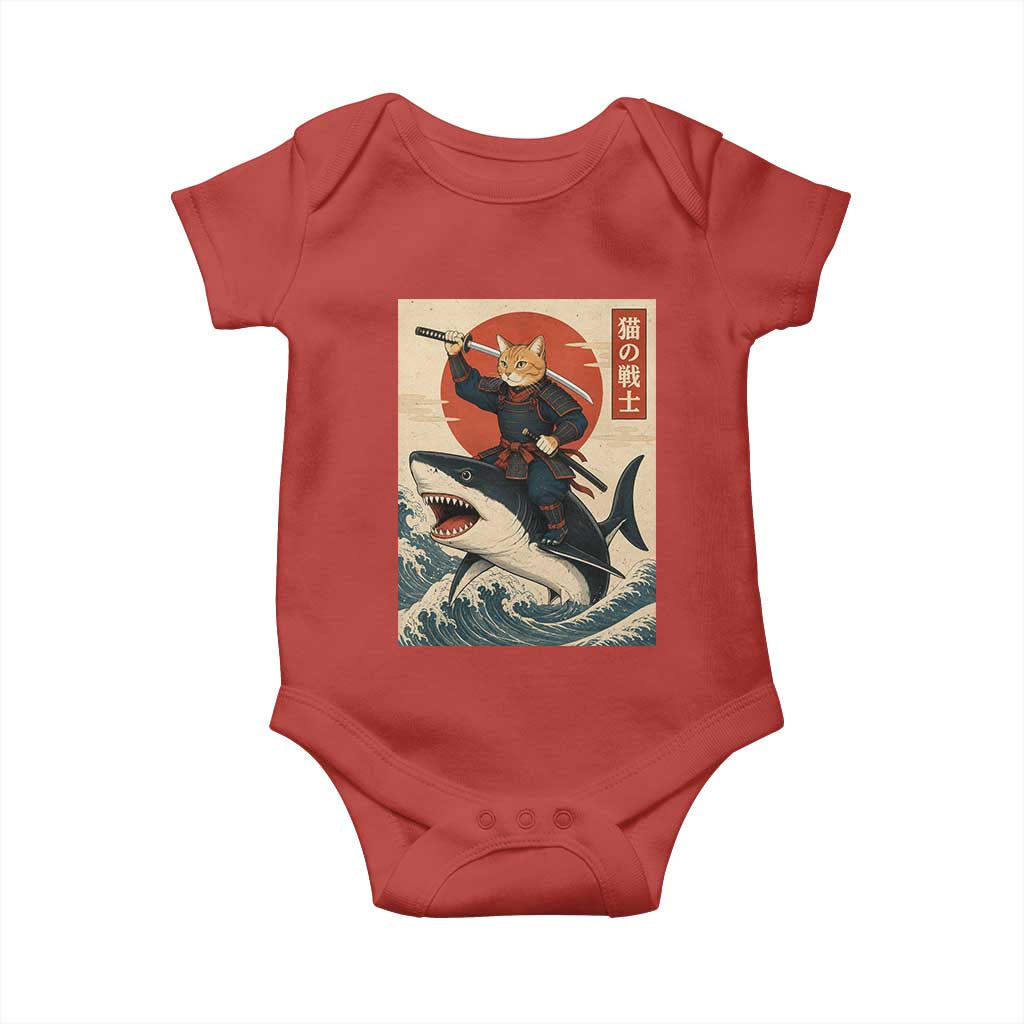 Funny Samurai Cat Riding Shark Baby Onesie Vintage Japanese Ukiyoe TS12 Red Print Your Wear