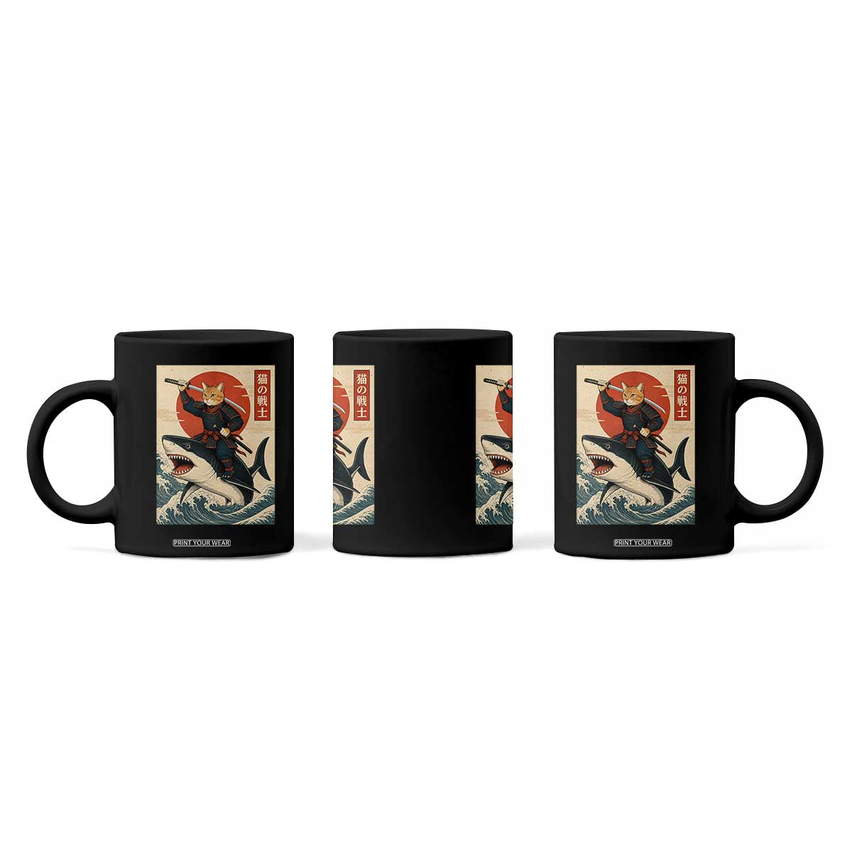 Funny Samurai Cat Riding Shark Coffee Mug Vintage Japanese Ukiyoe TS12 Print Your Wear