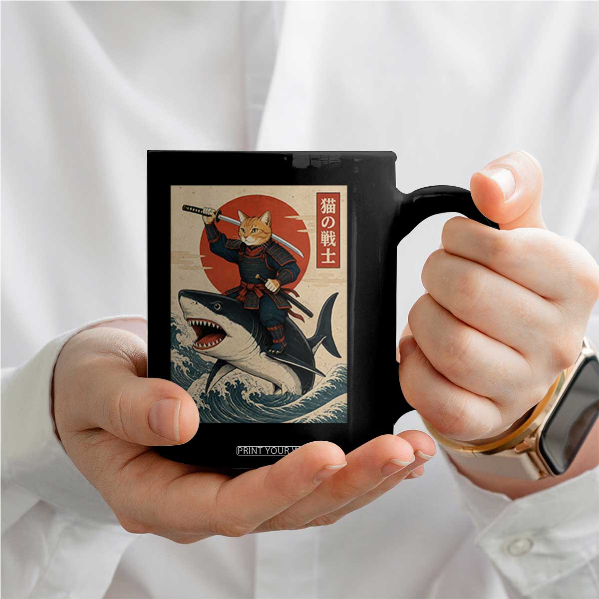 Funny Samurai Cat Riding Shark Coffee Mug Vintage Japanese Ukiyoe TS12 Print Your Wear