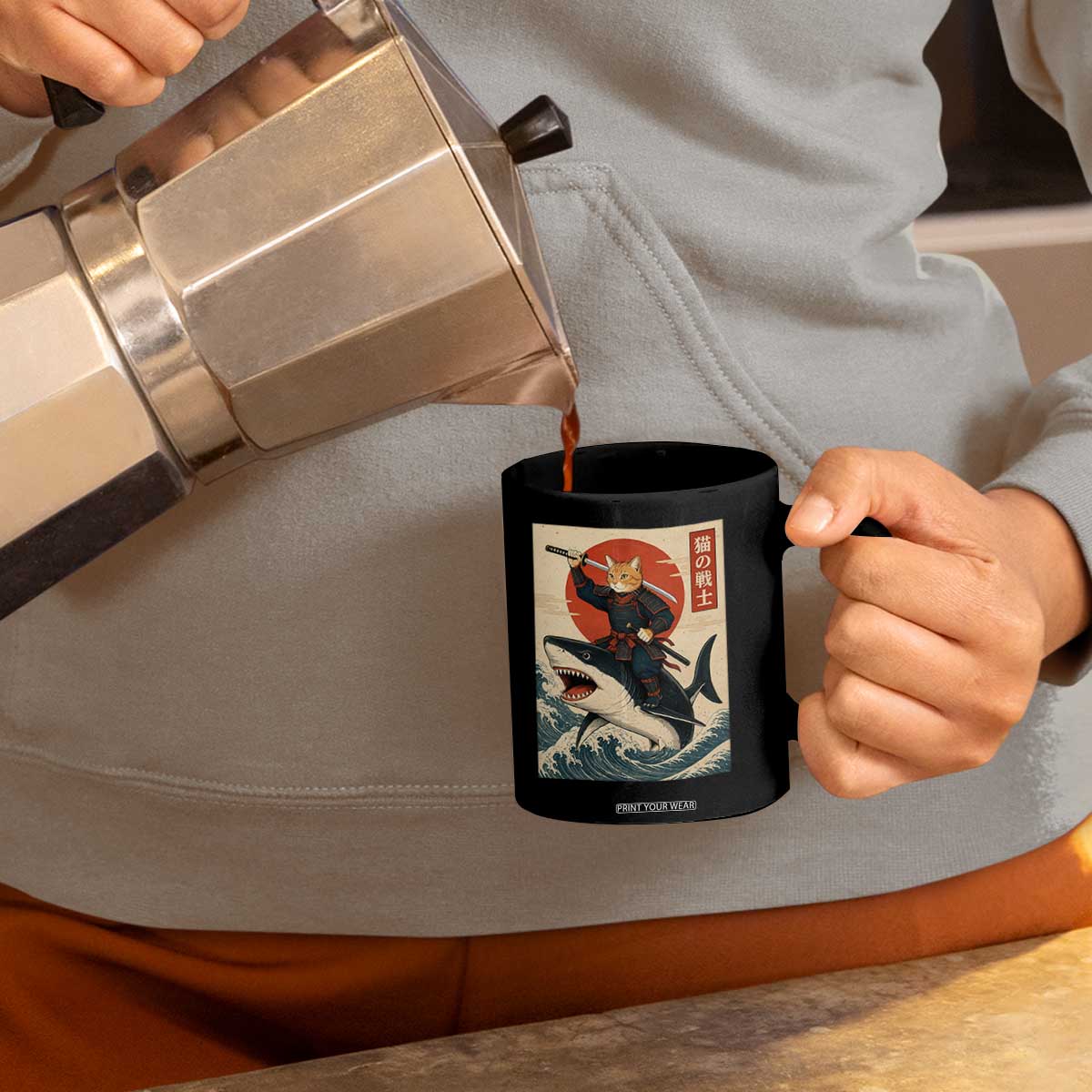 Funny Samurai Cat Riding Shark Coffee Mug Vintage Japanese Ukiyoe TS12 Print Your Wear
