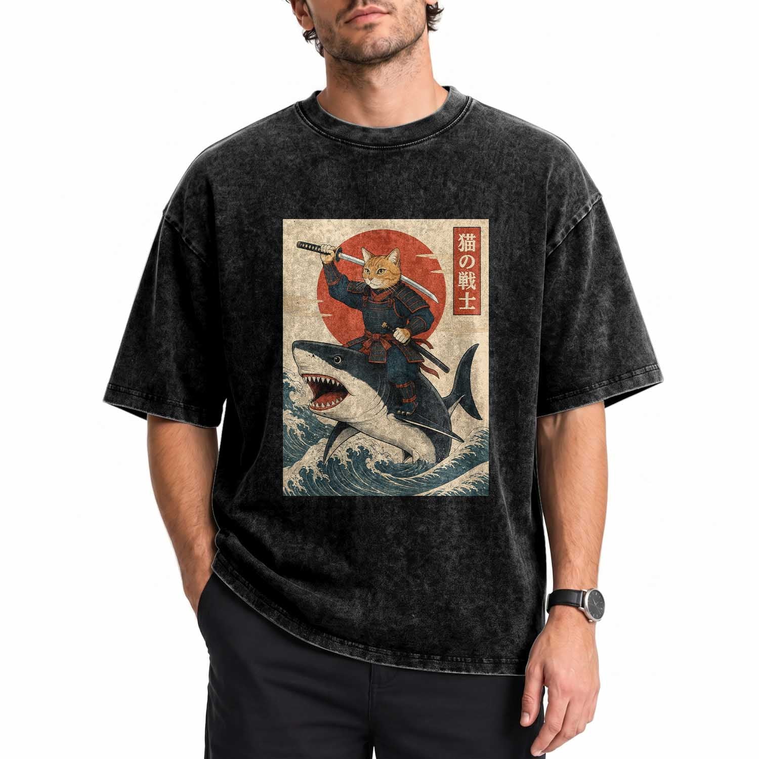 Funny Samurai Cat Riding Shark Washed Cotton T-Shirt Vintage Japanese Ukiyoe
