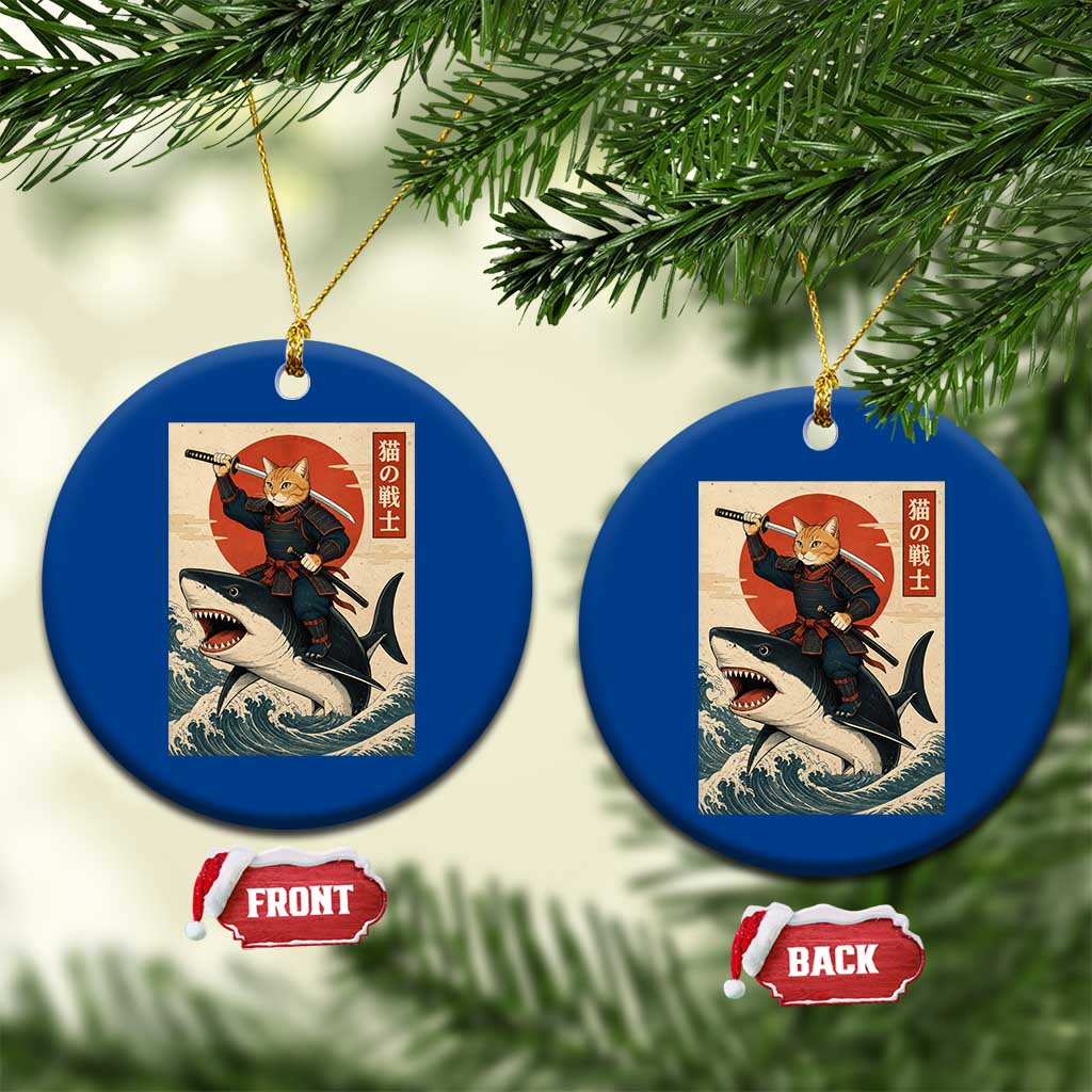 Funny Samurai Cat Riding Shark Ceramic Ornament Vintage Japanese Ukiyoe TS12 1pc Blue Print Your Wear
