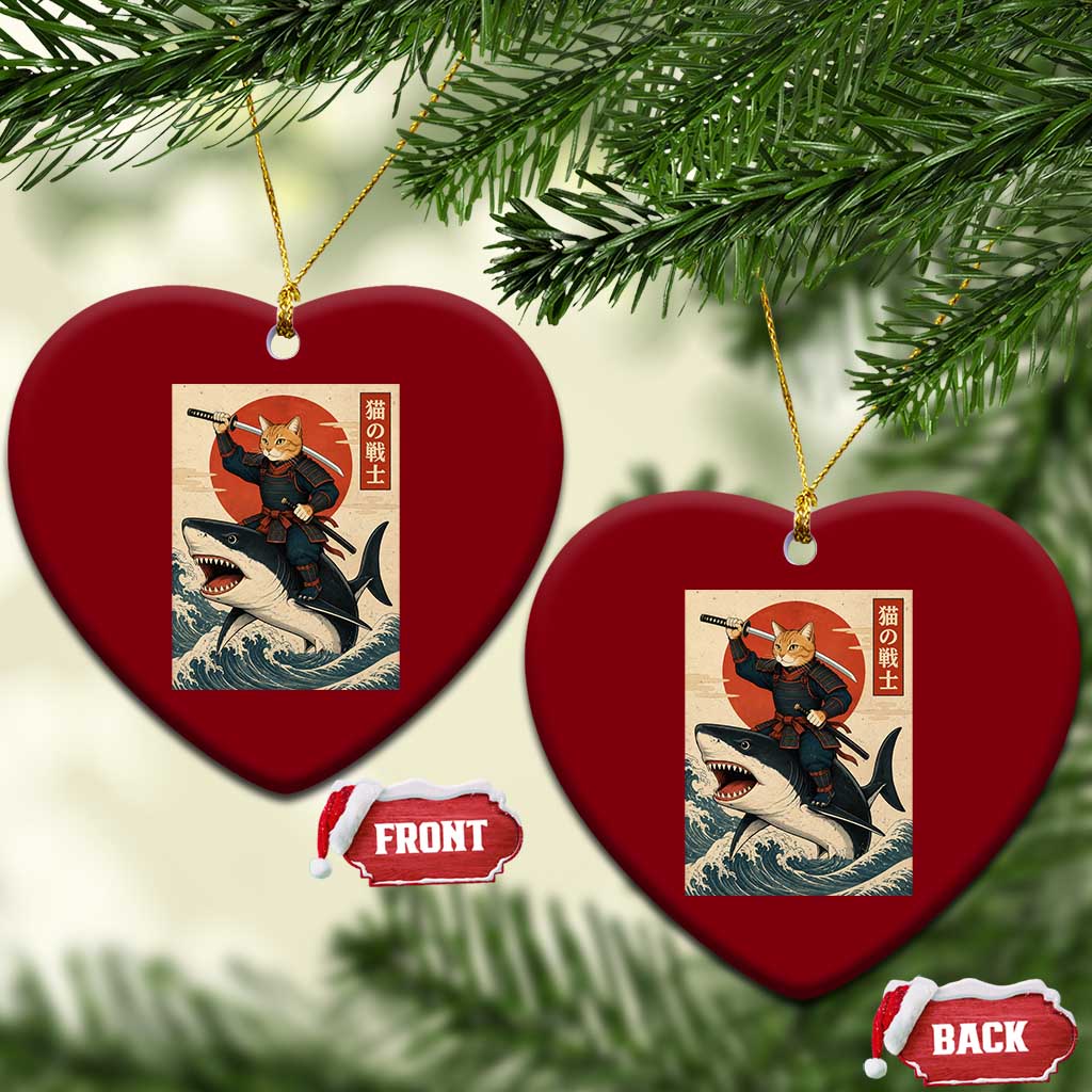 Funny Samurai Cat Riding Shark Ceramic Ornament Vintage Japanese Ukiyoe TS12 Print Your Wear
