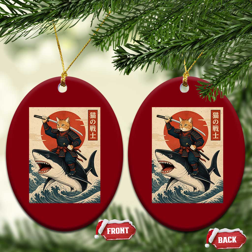 Funny Samurai Cat Riding Shark Ceramic Ornament Vintage Japanese Ukiyoe TS12 Print Your Wear