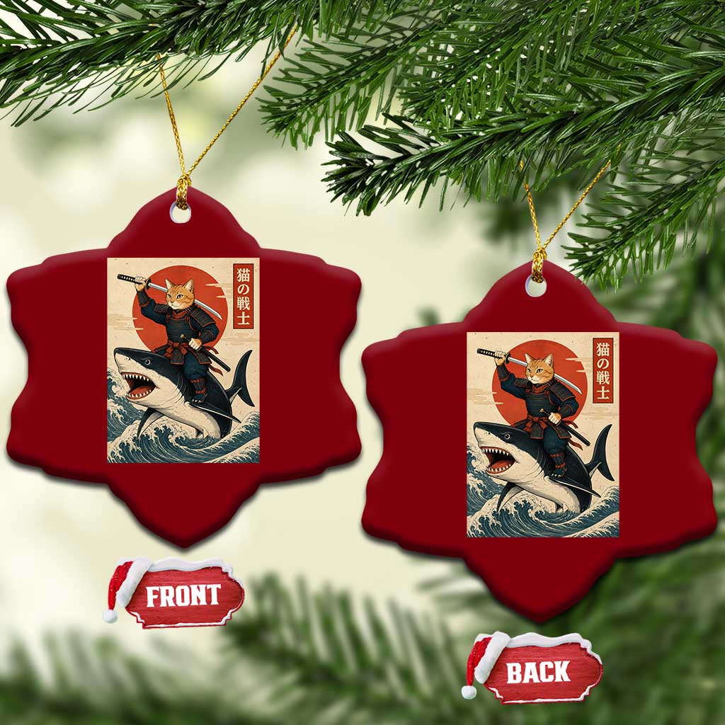 Funny Samurai Cat Riding Shark Ceramic Ornament Vintage Japanese Ukiyoe TS12 Print Your Wear