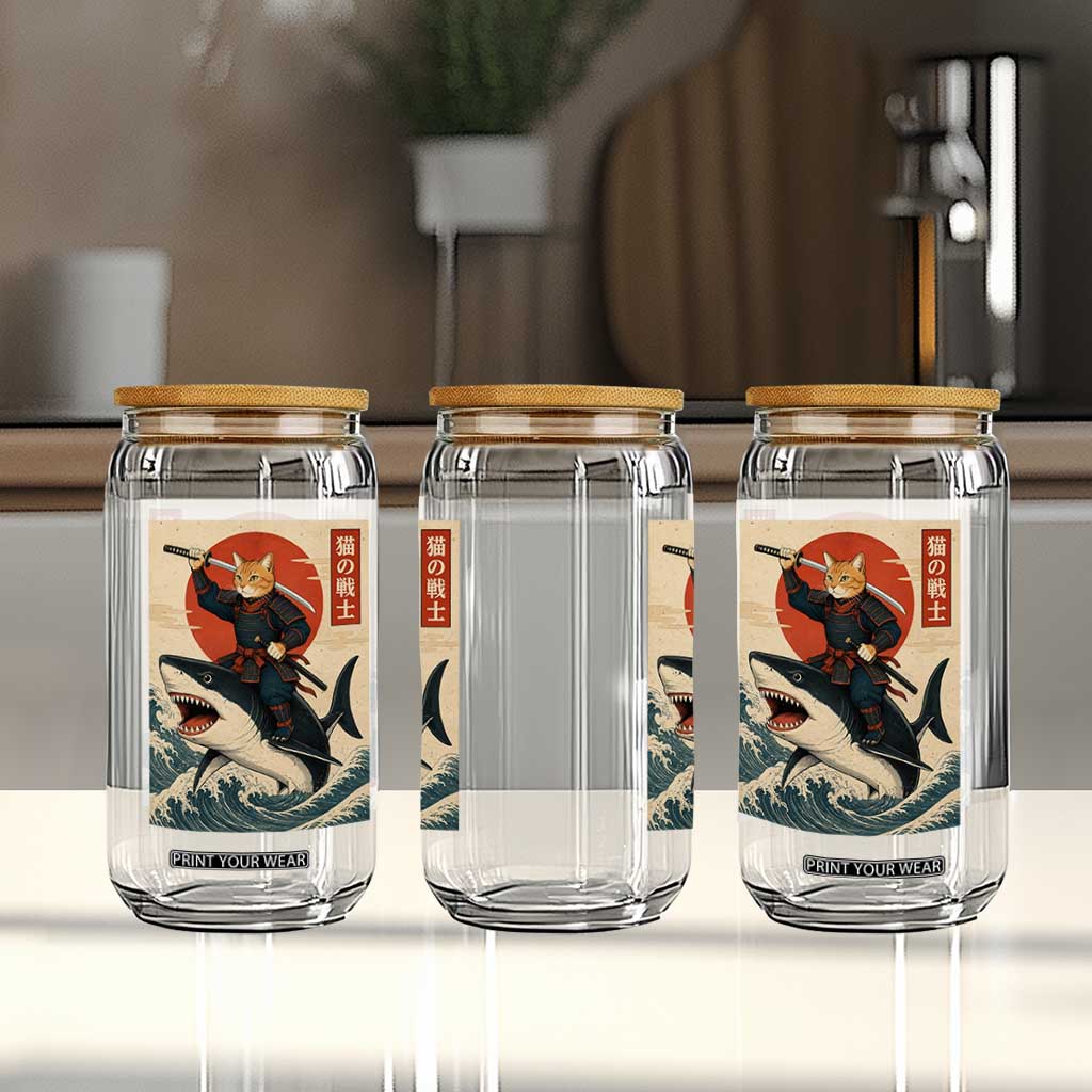 Funny Samurai Cat Riding Shark Glass Can Vintage Japanese Ukiyoe TS12 Print Your Wear
