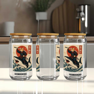 Funny Samurai Cat Riding Shark Glass Can Vintage Japanese Ukiyoe TS12 Print Your Wear