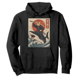 Funny Samurai Cat Riding Shark Hoodie Vintage Japanese Ukiyoe TS12 Black Print Your Wear