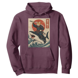 Funny Samurai Cat Riding Shark Hoodie Vintage Japanese Ukiyoe TS12 Maroon Print Your Wear