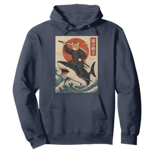 Funny Samurai Cat Riding Shark Hoodie Vintage Japanese Ukiyoe TS12 Navy Print Your Wear