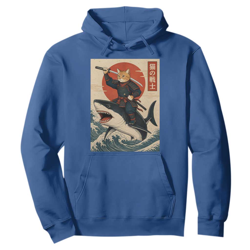 Funny Samurai Cat Riding Shark Hoodie Vintage Japanese Ukiyoe TS12 Royal Blue Print Your Wear