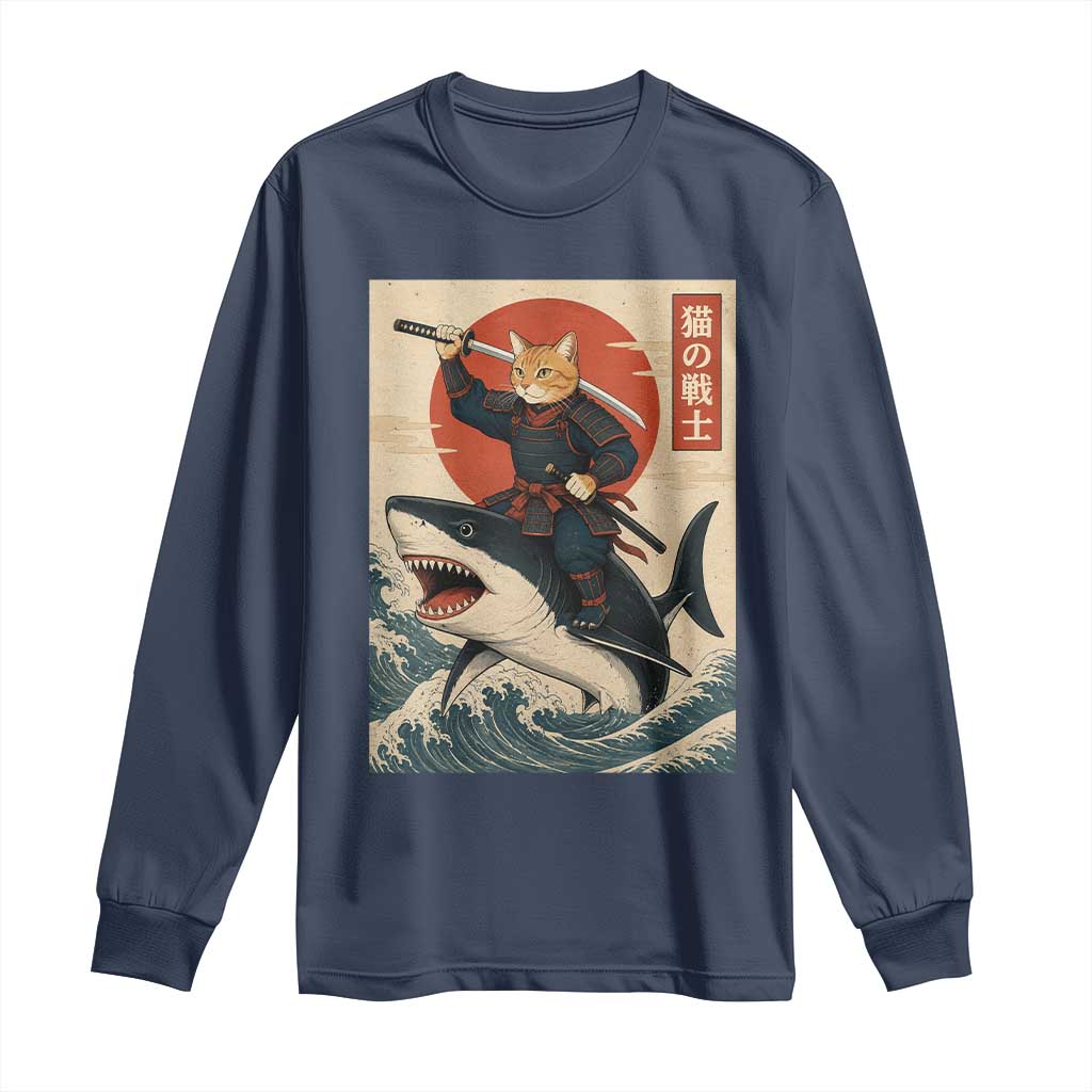 Funny Samurai Cat Riding Shark Long Sleeve Shirt Vintage Japanese Ukiyoe TS12 Navy Print Your Wear