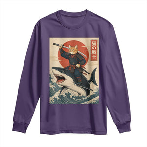 Funny Samurai Cat Riding Shark Long Sleeve Shirt Vintage Japanese Ukiyoe TS12 Purple Print Your Wear