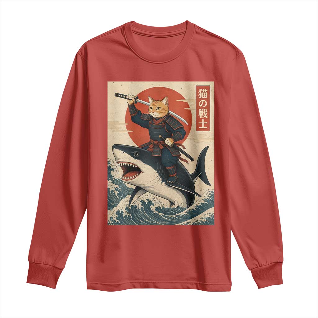Funny Samurai Cat Riding Shark Long Sleeve Shirt Vintage Japanese Ukiyoe TS12 Red Print Your Wear