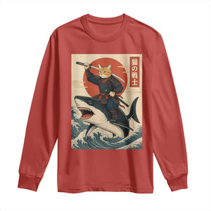 Funny Samurai Cat Riding Shark Long Sleeve Shirt Vintage Japanese Ukiyoe TS12 Red Print Your Wear