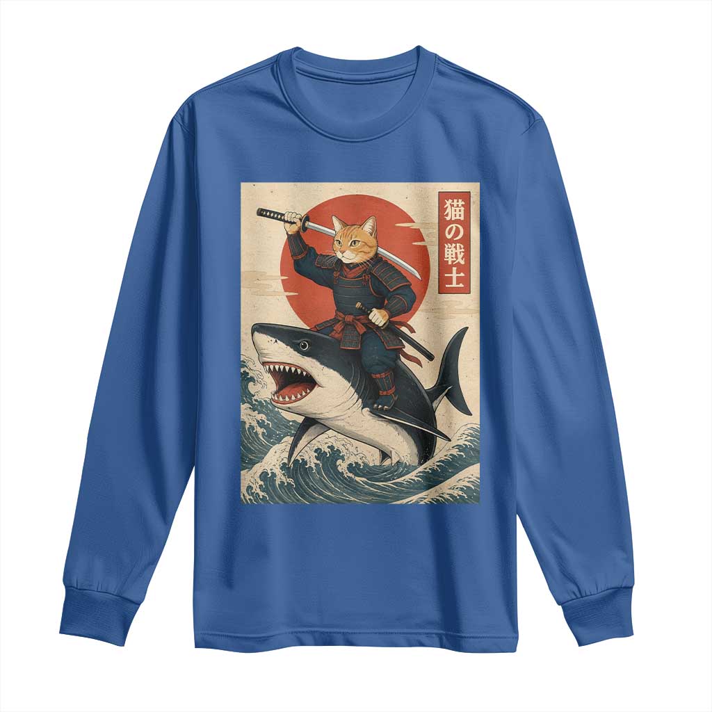 Funny Samurai Cat Riding Shark Long Sleeve Shirt Vintage Japanese Ukiyoe TS12 Royal Blue Print Your Wear