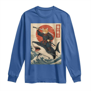 Funny Samurai Cat Riding Shark Long Sleeve Shirt Vintage Japanese Ukiyoe TS12 Royal Blue Print Your Wear