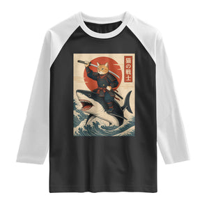 Funny Samurai Cat Riding Shark Raglan Shirt Vintage Japanese Ukiyoe TS12 Black White Print Your Wear
