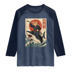Funny Samurai Cat Riding Shark Raglan Shirt Vintage Japanese Ukiyoe TS12 Heather Denim Navy Print Your Wear