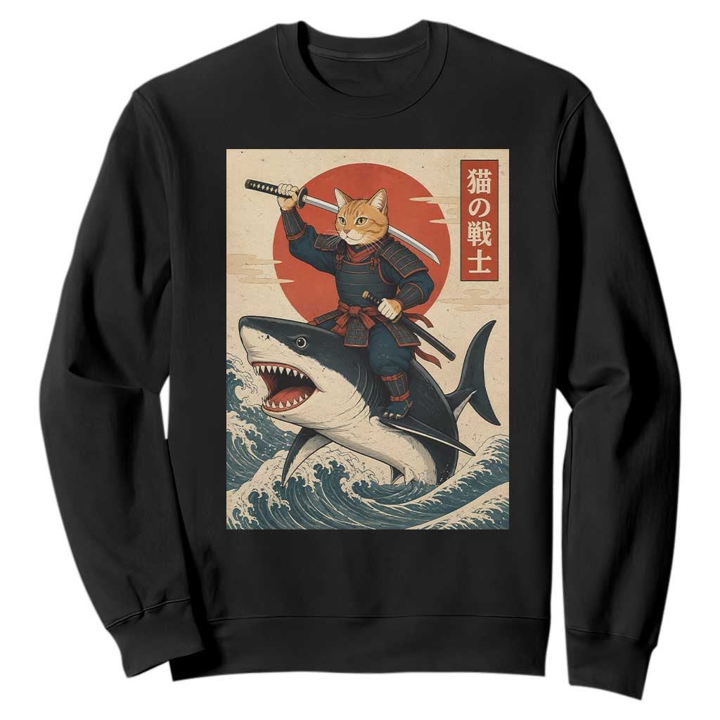 Funny Samurai Cat Riding Shark Sweatshirt Vintage Japanese Ukiyoe TS12 Black Print Your Wear