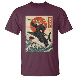 Funny Samurai Cat Riding Shark T Shirt Vintage Japanese Ukiyoe TS12 Maroon Print Your Wear