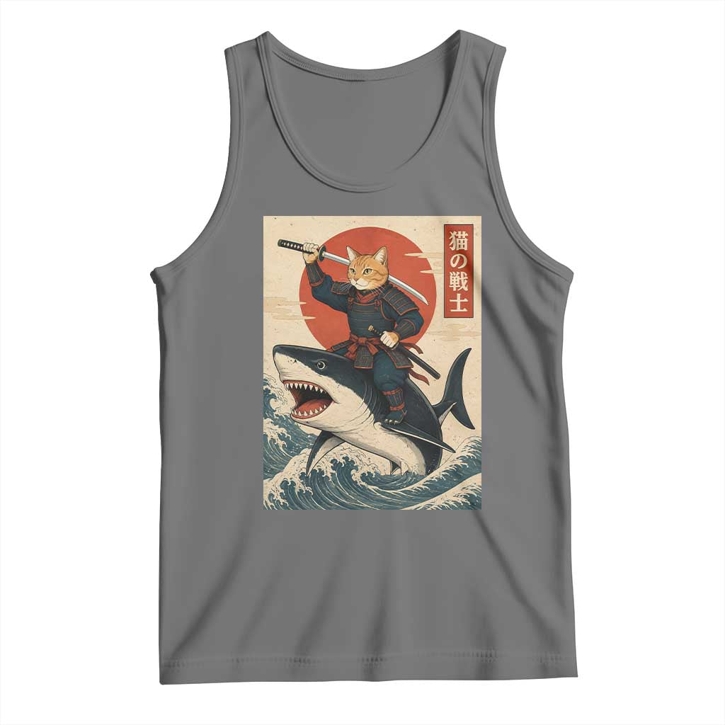 Funny Samurai Cat Riding Shark Tank Top Vintage Japanese Ukiyoe TS12 Black Heather Print Your Wear