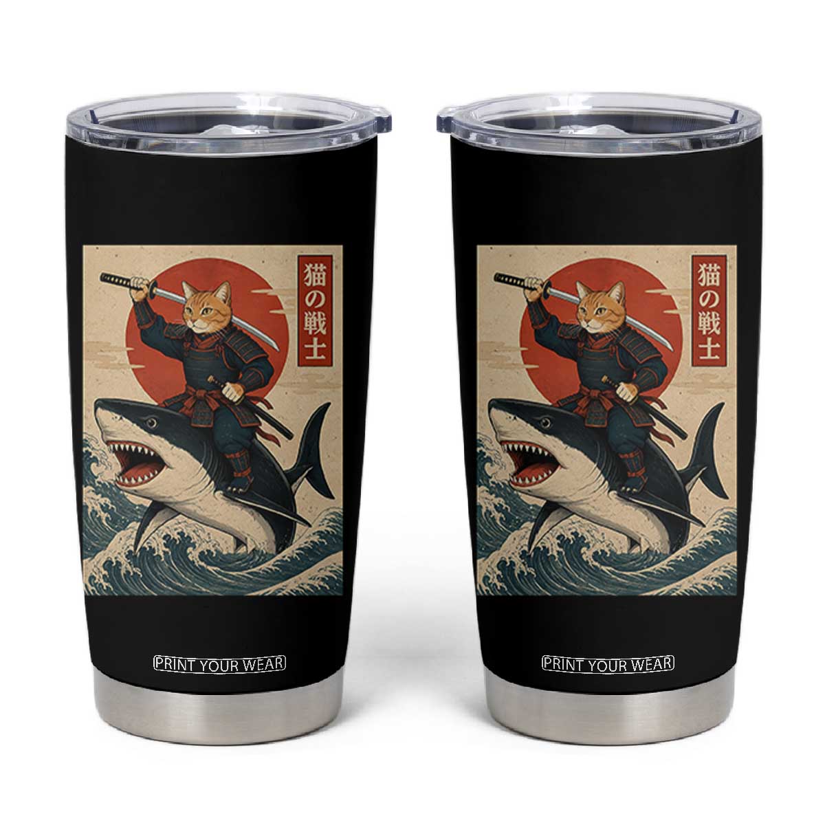 Funny Samurai Cat Riding Shark Tumbler Cup Vintage Japanese Ukiyoe TS12 Black Print Your Wear